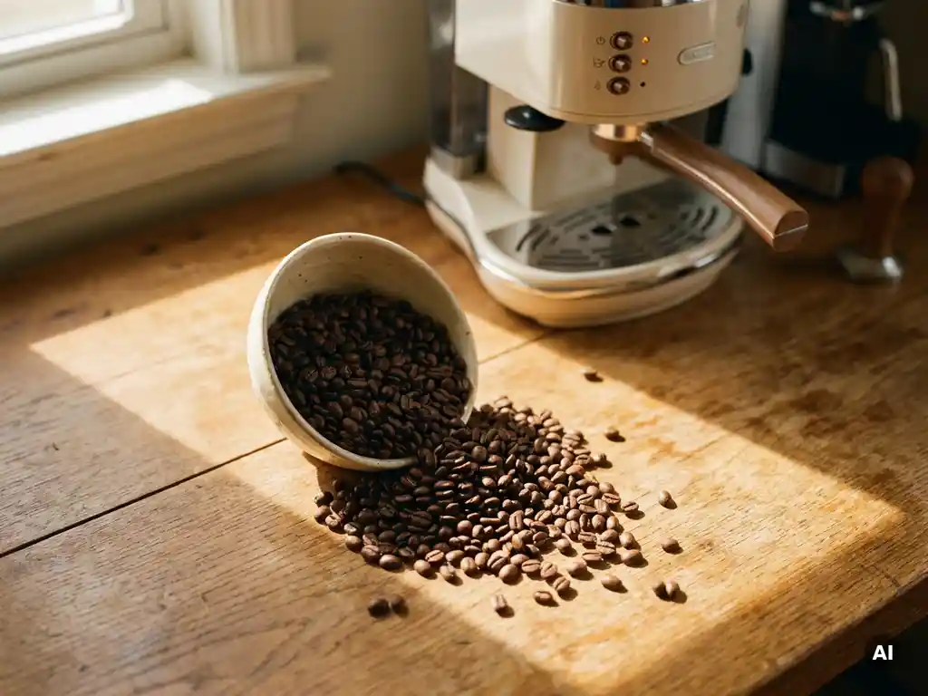 Hele koffiebonen die uit een keramische kom op een eiken tafelblad vallen, met een espressomachine op de achtergrond in warm ochtendlicht.